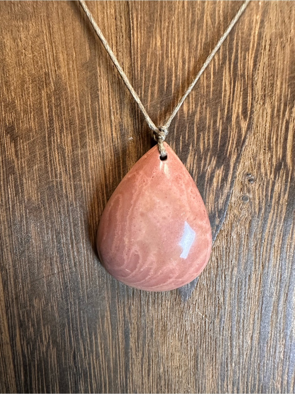 Minimalist Polychrome Jasper Teardrop Pendant Necklace on Thin Brown Rope - Picture 2 of 16